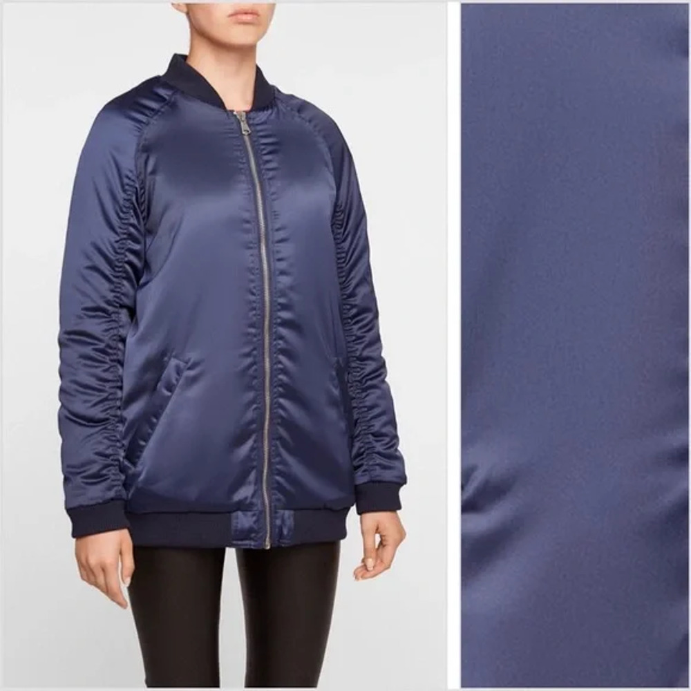Zoe Karssen Navy Long Satin Bomber Jacket Big in Japan Size XS NWT $325 - Picture 3 of 14